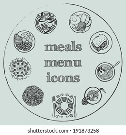 Meals menu icon - hand-drawn icon set on gray circle background