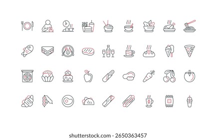 Meals menu of restaurant and fast food cafe, bakery and vegan plate, drinks line icon set. Fruit and vegetable snack, pizza and burger, salad and cake thin black and red symbols vector illustration