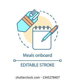 Meals onboard concept icon. Cruise ship service idea thin line illustration. Ship cook room. Cutlery and notebook. Cruiseship cafe, restaurant menu. Vector isolated outline drawing. Editable stroke