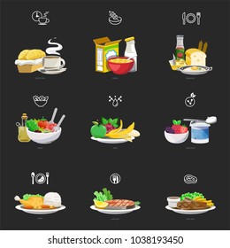 Meals Of People Who Should Eat In A Day Helps To Grow. Ideas For Creating A Nutritional Description For Daily Food And Consumer Research And Thin Icon. 