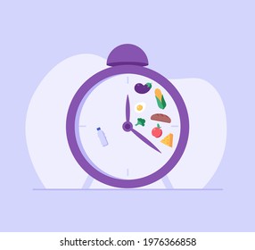 mealtime hours, water, cereals, vegetables, cheese. Concept of intermittent fasting, diet, diet plan, proper nutrition, dream figure, fitness, healthy food. Vector illustration in flat design