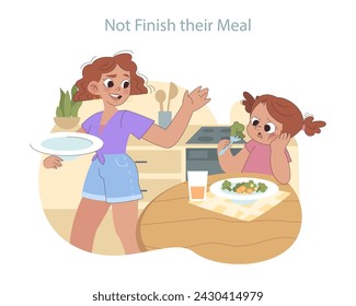 Mealtime Understanding concept. A child contemplates her vegetables, with a parent offering encouragement, depicting patience and healthy eating habits.