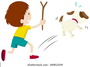 Mean Boy Chasing A Dog Illustration