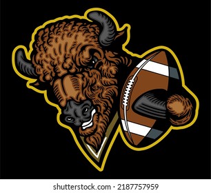 mean buffalo mascot holding football for school, college or league