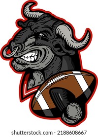 mean bull mascot holding football for school, college or league