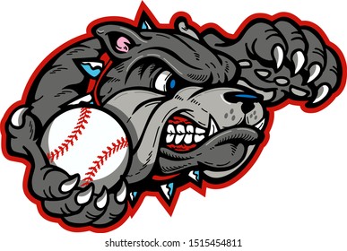 mean bulldog baseball team mascot holding ball for school, college or league