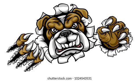 A mean bulldog dog angry animal sports mascot cartoon character ripping through the background