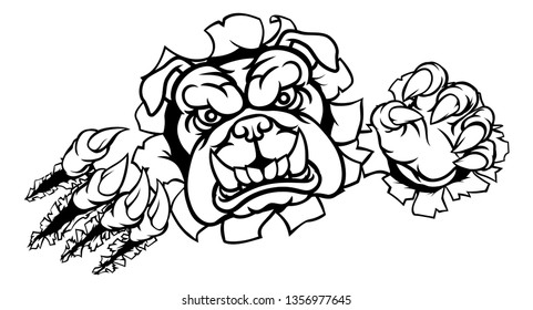A Mean Bulldog Dog Angry Animal Sports Mascot Cartoon Character Ripping Through The Background