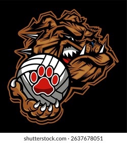 mean bulldog mascot holding volleyball for school, college or league sports	