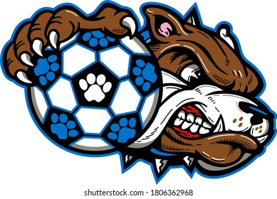 mean bulldog soccer mascot holding ball for school, college or league