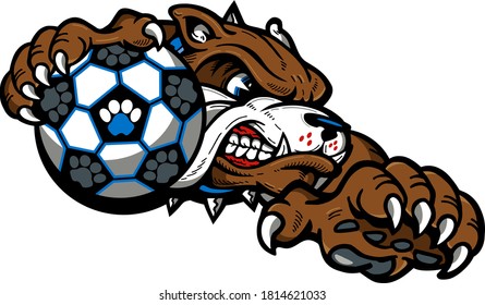 mean bulldog soccer team mascot holding ball for school, college or league