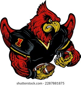 mean cardinal mascot wearing football jersey for school, college or league sports