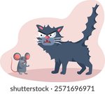 
Mean Cat Scares Little Mouse Character Vector Design Illustration. Stressed mice seeing an angry kitten about to pray on it
