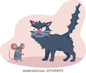 
Mean Cat Scares Little Mouse Character Vector Design Illustration. Stressed mice seeing an angry kitten about to pray on it
