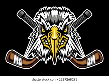 mean eagle mascot with crossed hockey sticks for school, college or league sports