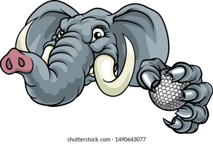 A mean elephant golf sports animal mascot holding a ball
