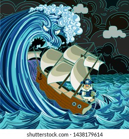 Mean Faced Giant Wave With Big Teeth Is Swallowing An Old Style Sailing Ship As The Captain Calmly Stands In The Back.