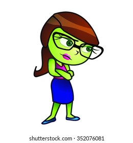 Mean Girl - Green Mad Looking Schoolgirl With Glasses Cartoon Vector