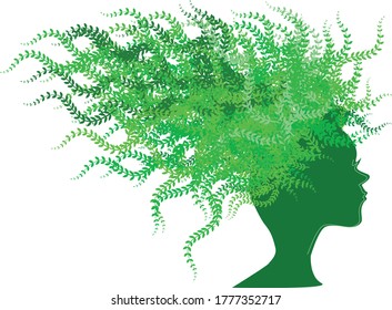 I mean green. Ecological symbol. Eco friendly cosmetics. Green silhouette of a female head with a profile with green twigs of different shades instead of hair.