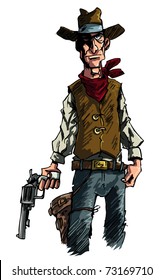 Mean illustration of a Cowboy gunslinger draws his six shooter