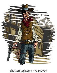 Mean Illustration Of A Cowboy Gunslinger Draws His Six Shooter