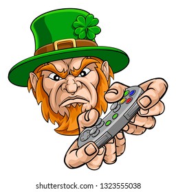 A mean leprechaun esports gamer mascot holding a video games controller