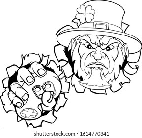 A mean leprechaun esports gamer mascot holding a video games controller