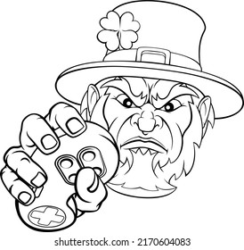 A mean leprechaun esports gamer mascot holding a video games controller
