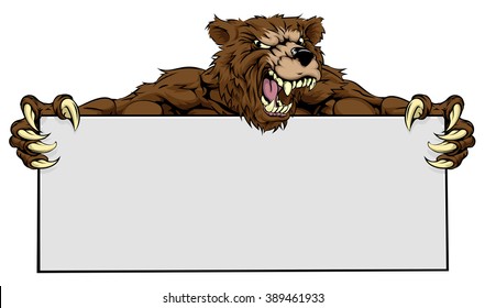 A mean looking bear mascot holding a sign