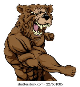 A mean looking bear sports mascot fighting and punching with fist