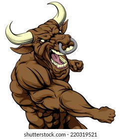 A mean looking bull character mascot fighting and punching with fist