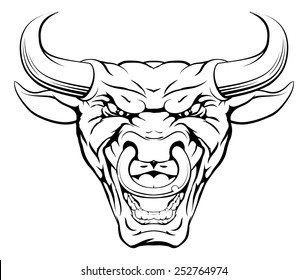 A mean looking bull mascot character with a ring through its nose roaring