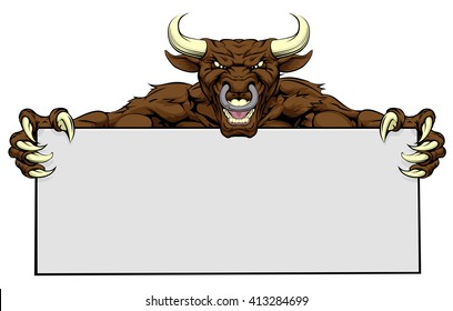 A mean looking bull sports mascot holding a sign