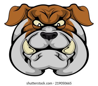 A mean looking bulldog mascot character staring forward