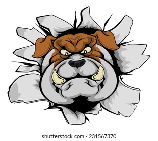 A mean looking bulldog mascot character breaking out through a wall