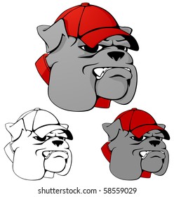 Mean looking bulldog mascot wearing a ball cap. Multiple color versions.