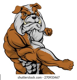 A mean looking bulldog sports mascot fighting and punching with fist