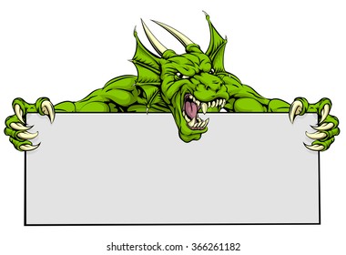 A mean looking dragon mascot holding a sign
