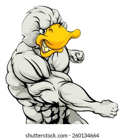 A mean looking duck character mascot fighting and punching with fist