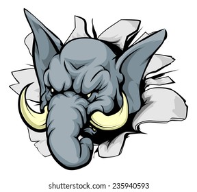 A mean looking elephant animal mascot breaking through a wall