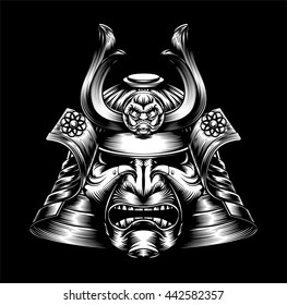 A mean looking Japanese samurai mask and helmet warrior illustration