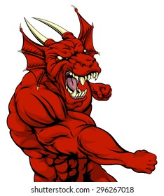 A mean looking red dragon character mascot fighting and punching with fist