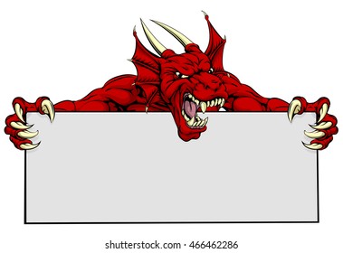 A mean looking red dragon mascot holding a sign