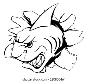 A mean looking shark animal mascot breaking through a wall