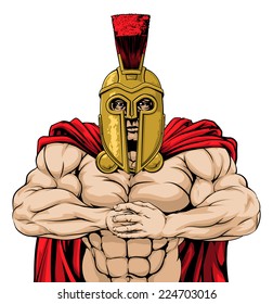 Mean looking Spartan man ready for combat punching fist into palm