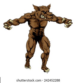 A mean looking werewolf wolf man, or wolf sports mascot character advancing with his claws out