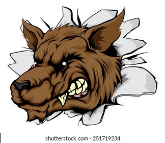 A mean looking wolf animal mascot breaking through a wall