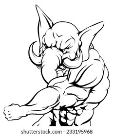 A mean muscular elephant character mascot attacking with a punch