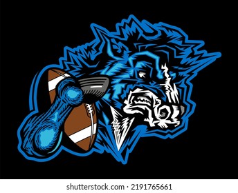 mean mustang mascot holding football for school, college or league