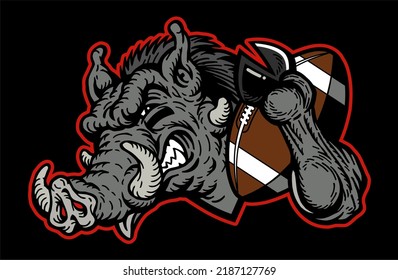 Mean Razorback Mascot Holding Football For School, College Or League